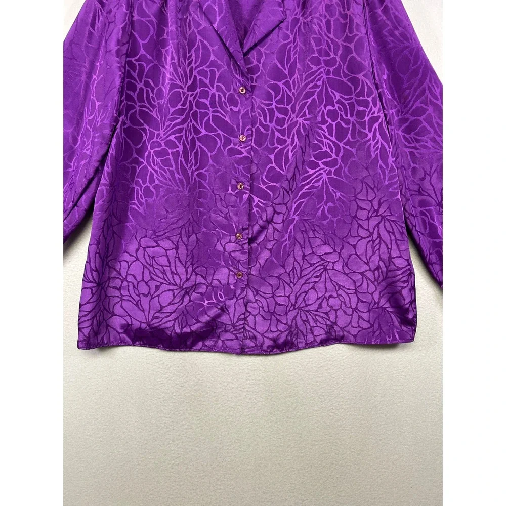 Vintage 80s Rhapsody Women 42 Purple Jacquard Floral Silky Button Up‎ Blouse Top